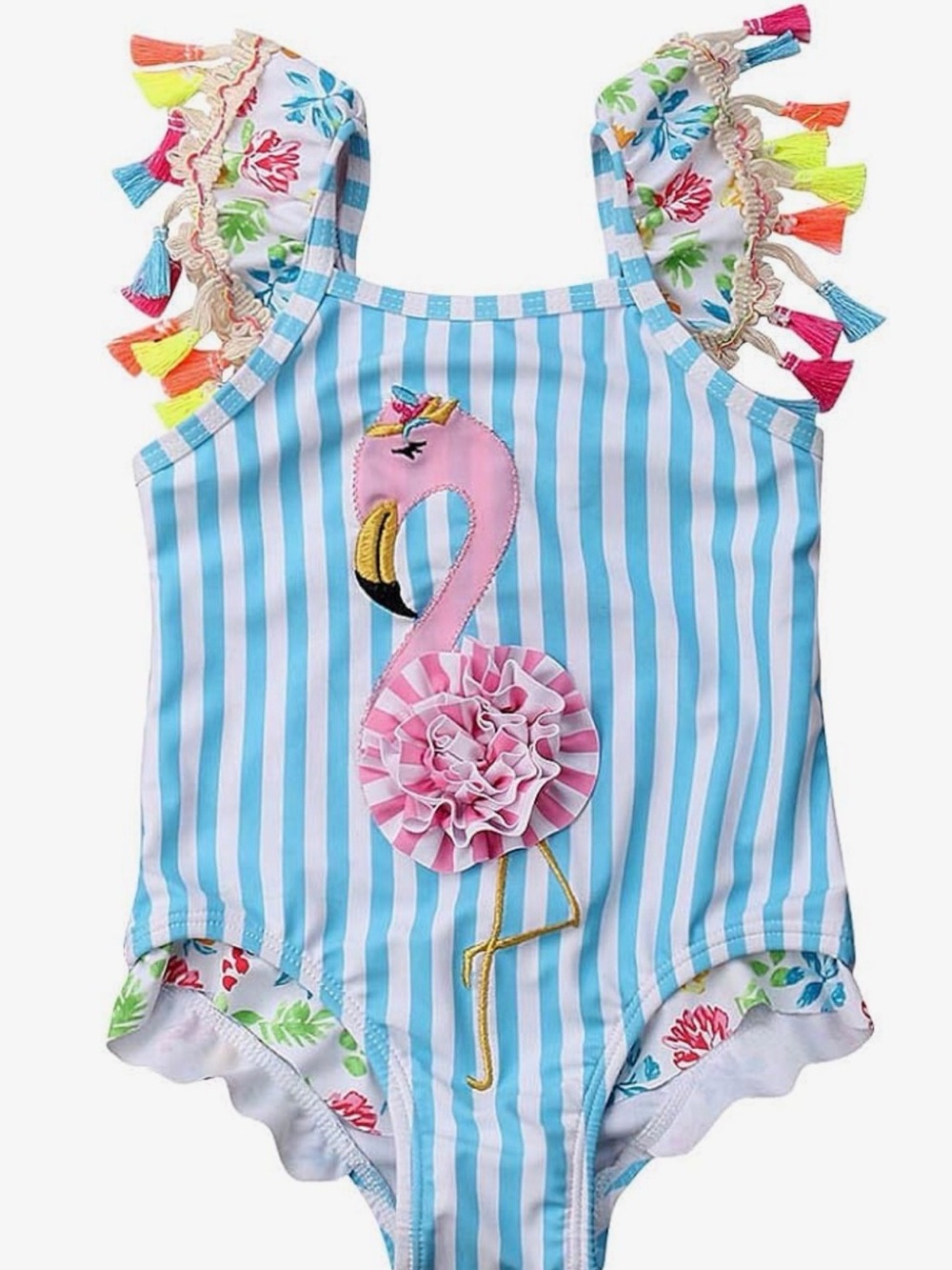 Adorable Kids Blue Stripe & Flamingo One-Piece Swimsuit with Boho Tassel Straps